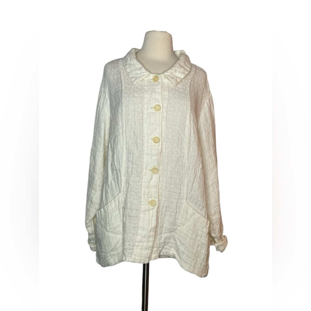 FLAX Ivory textured linen button-front Shirt jacket Casual Women’s Plus